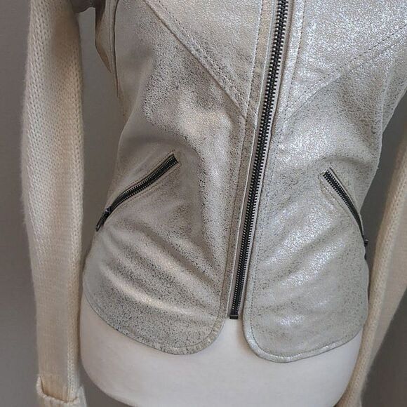 Phosphorus Leather Jacket Knit Sleeves Wool Blend Silver Zippers Size Small - Picture 8 of 12